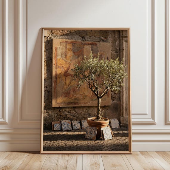 Tuscan Olive Tree Wall Art – Italian Courtyard Fresco Print, Mediterranean Rustic Decor (Digital Download)