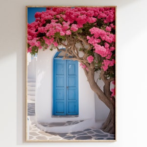 Santorini Iconic Blue Door with Pink Bougainvillea, Printable Digital Art, Mediterranean Elegance.
