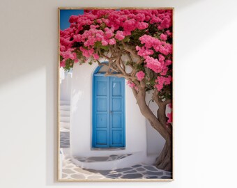 Santorini Iconic Blue Door with Pink Bougainvillea, Printable Digital Art, Mediterranean Elegance.