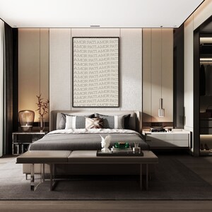 May include: A modern bedroom with a gray bed, a white nightstand, and a large closet. The bedroom has a gray rug and a large window with white curtains. The wall behind the bed has a black frame with the text "AMOR PATI AMOR PATI" repeated many times.