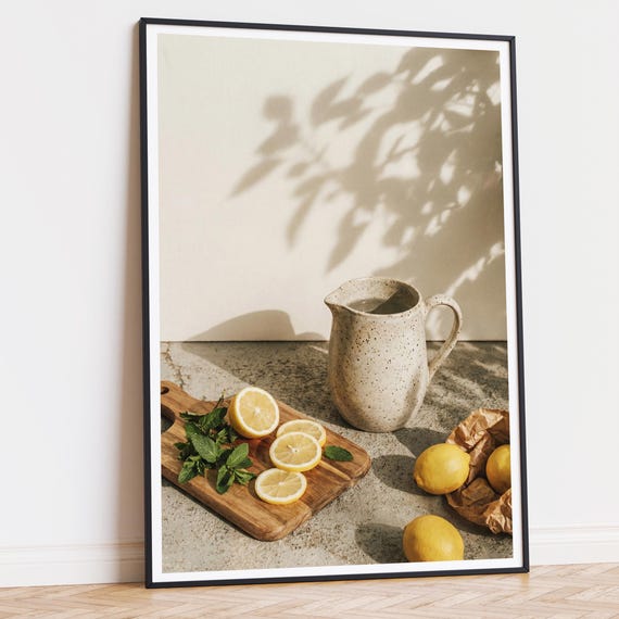 Lemon and Mint Wall Print, Mediterranean Kitchen Still Life, Minimal Neutral Decor
