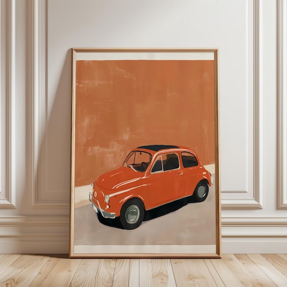 Retro Orange Fiat 500 Painting, Vintage Gouache Wall Art, Italian Mid-Century Decor (Digital Download) 250