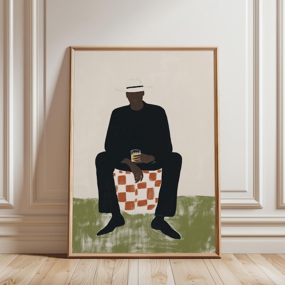 Black Man With Hat Wall Art Print - Afrocentric Figurative Artwork, Modern Minimalist Home Decor, Contemporary Portrait (Digital Download)