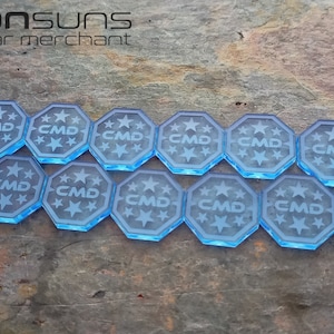 May include: A set of 12 blue octagonal command tokens with a white star design and the word "CMD" printed on each token.