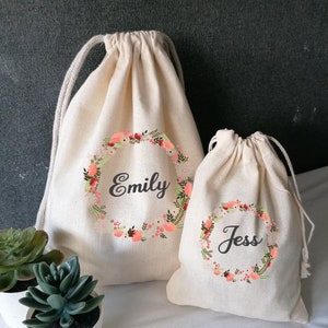 Personalisierte benutzerdefinierte Blumenmädchen Brautjungfer Geschenk Tasche 100% Baumwolle Kordelzug Hochzeit Konfetti Rosenblüten Beutel