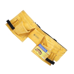 Puede incluir: Un cinturón de herramientas de cuero amarillo con ocho bolsillos y un cinturón negro. El cinturón tiene una etiqueta que dice "8 Pocket Tool Belt Split Leather Work Apron".