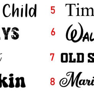 May include: A collection of eight different font styles, each with a unique name. The fonts include "Moon Child", "28 DAYS", "script", "Truckin", "Times", "WALT", "OLD SPORT 02", and "Mariane Lu".