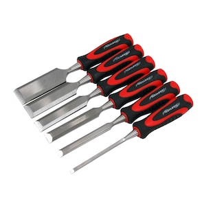 May include: Set of six wood chisels with red and black rubber handles. The chisels are labeled with the brand name "NEILSON" and have different sizes.
