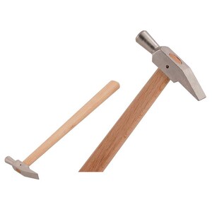 May include: A silver hammer with a wooden handle. The hammer has a flat head and a rounded striking face.
