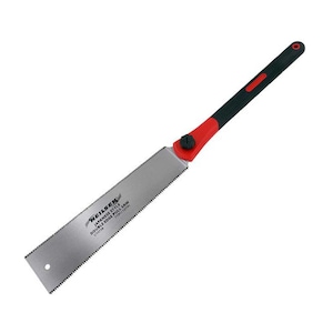 May include: A black and red Japanese-style pull saw with a double edge blade. The saw is labeled "Weilsen Japanese Style Double Edge Pull Saw CY15108 17TPI 12"