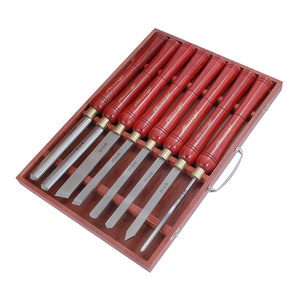 Juego de cinceles de madera para tallado de torno HSS de 8 piezas en caja de almacenamiento de madera, cinceles sesgados de calibre, raspador de nariz de separación, herramientas de carpintería para carpintería