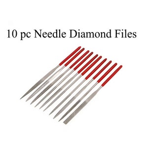 May include: A set of ten diamond needle files with red handles. The files are arranged in a row, with the handles pointing to the right. The files are used for shaping and smoothing metal, wood, and other materials.