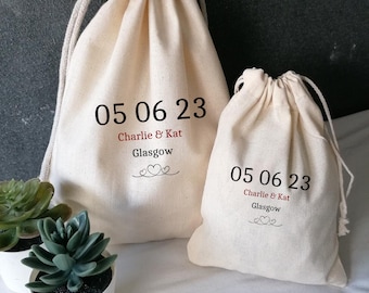 Personalised Custom Wedding Date Drawstring Bag 100% Cotton Tote Wedding Keepsake Bachelorette Gift Bag Welcome Destination Wedding Pouch