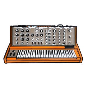 May include: An orange and grey vintage synthesizer with a keyboard and a variety of knobs and buttons. The synthesizer has the text "LFO", "MODULATION GENERATOR", "OSCILLATORS", "MIXER", "FILTER", "ENVELOPES", and "OUTPUT" printed on the front.