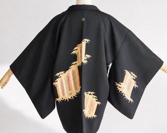 Haori Jacket |  Black Silk Vintage Kimono | Ebaori Bamboo leaf | Open Front Cardigan-165K