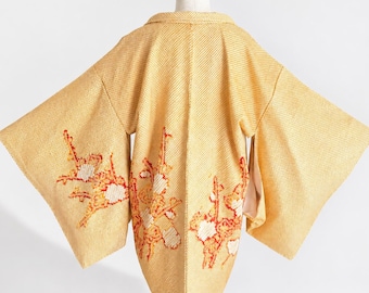 Haori Jacket | Orange Silk Vintage Kimono | Shibori Plum | Open Front Cardigan-184A