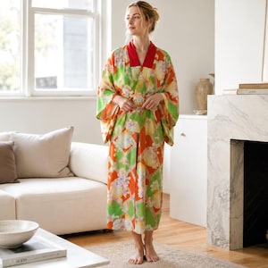 Antique Japanese Silk Juban Robe, Chirimen Silk, Peony Pattern, Vintage Kimono Layer