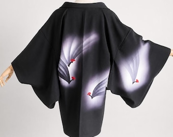 Haori Jacket |  Black Silk Vintage Kimono | Cranes | Open Front Cardigan-171