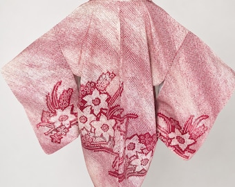 Haori Jacket | Pink Silk Vintage Kimono | Gradient Shibori Floral | Open Front Cardigan -42E
