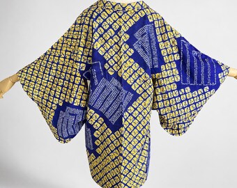 Haori Jacket | Blue and Yellow Silk Vintage Kimono | Shibori Geometric | Open Front Cardigan-180