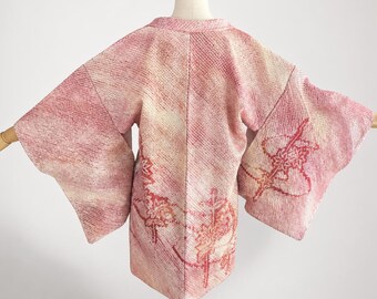 Haori Jacket | Pink Gradient Silk Vintage Kimono | Floral Motif | Open Front Cardigan-177