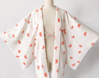 Haori Jacket | White Silk Vintage Kimono | Rinzu Floral Design  | Open Front Cardigan-113K