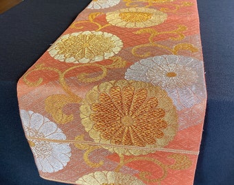 Table Runner, Luxury Home Decor, 105"/268cm, Gloss Pink Chrysanthemum, Customize Length,  Lustrous Aesthetic, Antique obi, Japanese Kimono