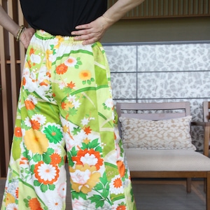 High-Waisted Palazzo Pants - Women’s Loose Elastic Wide Leg Pants w/ Floral Japanese Kimono Silk Flare | Fashionable Cozy Trousers for Her