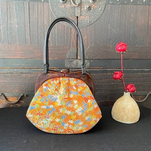Orange Kimono Clutch: Floral Fabric Bag with Faux Leather Handle