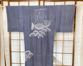 Men's Juban Kimono, Blue Silk, As Is, With Some STAIN, Japanese Vintage, Relax Gown, Treasure Ship, Long Jacket, Vintage Relaxed house coat