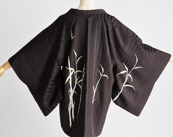 Haori Jacket | Brown Silk Vintage Kimono | Bamboo Design | Open Front Cardigan-81