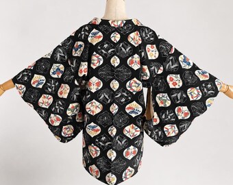 Haori Jacket | Black Silk Vintage Kimono | Floral motif | Open Front Cardigan-175