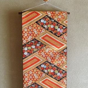 Antique Japanese Obi Wall Hanging or Table Runner, Higaki Pattern, Chrysanthemum, Black Gold Red, W32cmxL416cm, W12&quot;xL163&quot;, Excellent