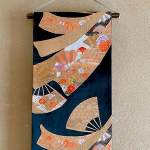 Black Vintage Obi with Fan Motif - Full Pattern Japanese Obi for Wall Hanging or Table Runner - Elegant Antique Textile for Home Decor