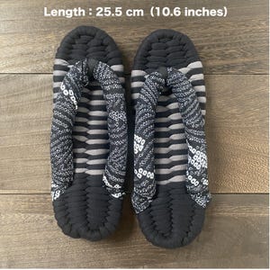 Handmade Japanese Zori Slippers – 25.5cm (US W10 / M9) – Silk Black Shibori Kimono Hanao – Grey & Black Indoor Sandals with Kanoko Dots