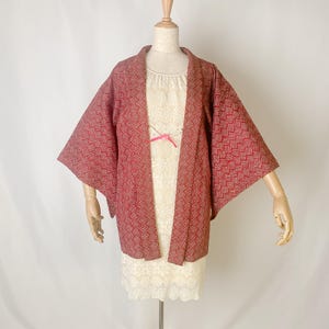 Vintage Maroon Red Silk Haori: Japanese Kimono Jacket, Cypress Pattern-B