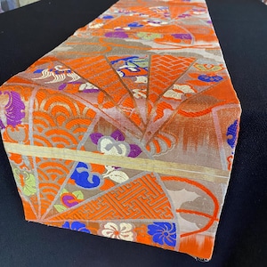 Japanese Antique Kimono, Orange Decor, Silk Obi Sash, Narrow and Long, Fan Sensu, Aesthetic decor, Luxury Garment, Unique and Bold