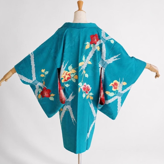 Haori Jacket |  Silk Vintage Kimono | Blue Floral Embroidary | Open Front Cardigan-163