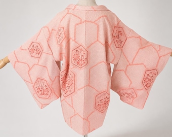 Haori Jacket | Pink Silk Vintage Kimono | Shibori Floral motif | Open Front Cardigan-173