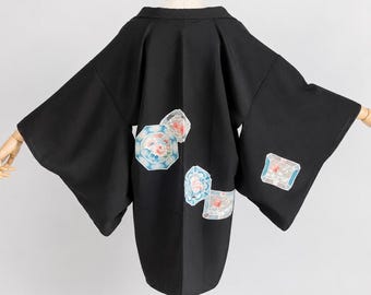 Haori Jacket |  Black Silk Vintage Kimono | Ebaori Floral | Open Front Cardigan-170