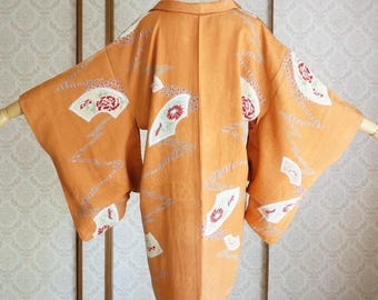 Japanese Vintage Kimono Haori | Long Silk Jacket | Traditional Sensu Fan Motif in Apricot Orange-139G