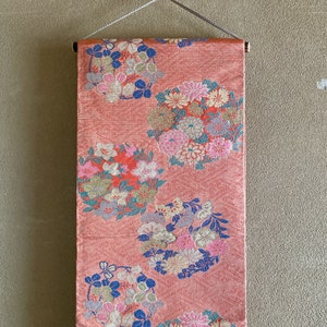 Vintage Pink Floral Silk Obi Panel - Japanese Kimono Fabric Wall Art