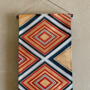 Japanese Obi Wall Hanging – Geometric Gold and Black Diamond Pattern – Vintage Kimono Fabric – Obi Only or With Bamboo Rod –