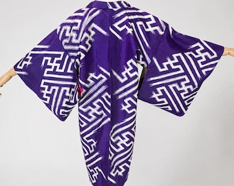 Haori Jacket | Purple Silk Vintage Kimono | Meisen Geometric | Open Front Cardigan-M58