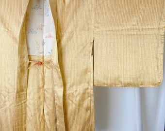 Lustrous Gold Haori with Subtle Stripes – Vintage Japanese Kimono Jacket – Elegant Shine – Silk Haori – Good Condition