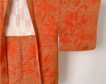 Vintage Orange Silk Haori with Embroidered Clematis and Karakusa Pattern – Japanese Kimono Jacket, Yagasuri Lining, Elegant Outerwear-E