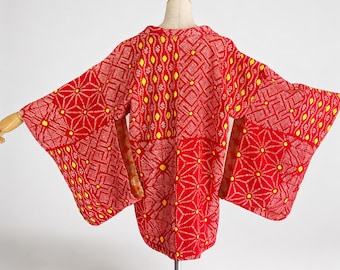 Haori Jacket | Red Silk Vintage Kimono | Shibori Hemp leaf | Open Front Cardigan-172