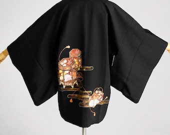 Japanese Vintage Kimono Haori | Black Silk Jacket | Elegant Eba Design | Traditional Style-132M