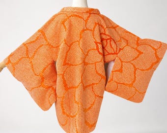 Haori Jacket | Orange Silk Vintage Kimono | Shibori Floral | Open Front Cardigan-188