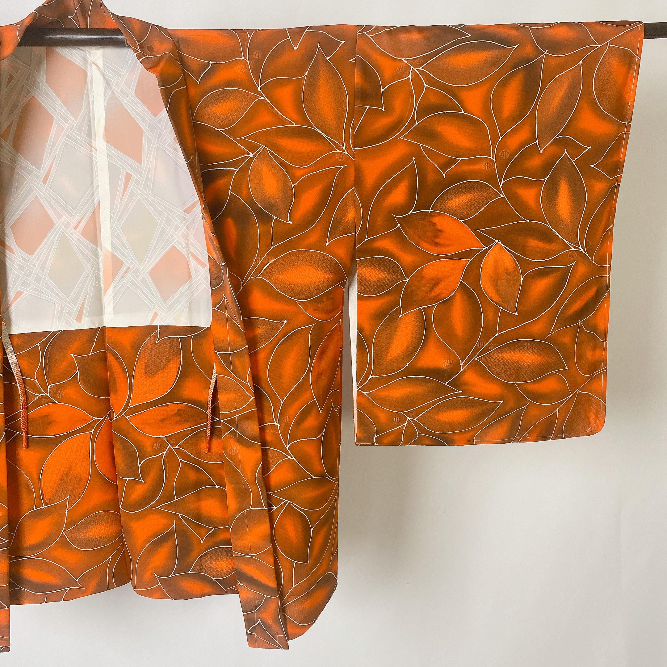 Vintage Haori Jacket in Dark Orange, Leaf Pattern, Silk Kimono Coat, Autumn Style, Japanese Robe, Nature-Inspired, Excellent Condition-E